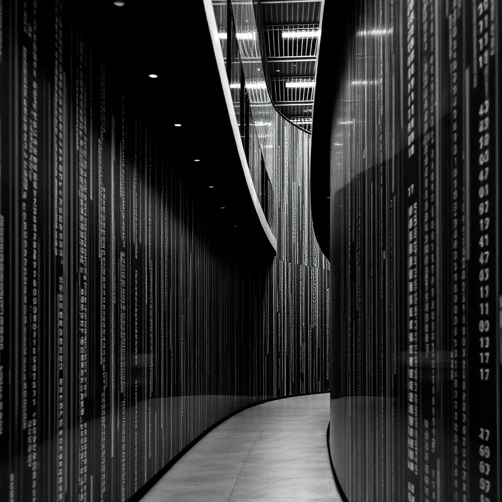 Monochrome data stream visualization, vertical lines, high c