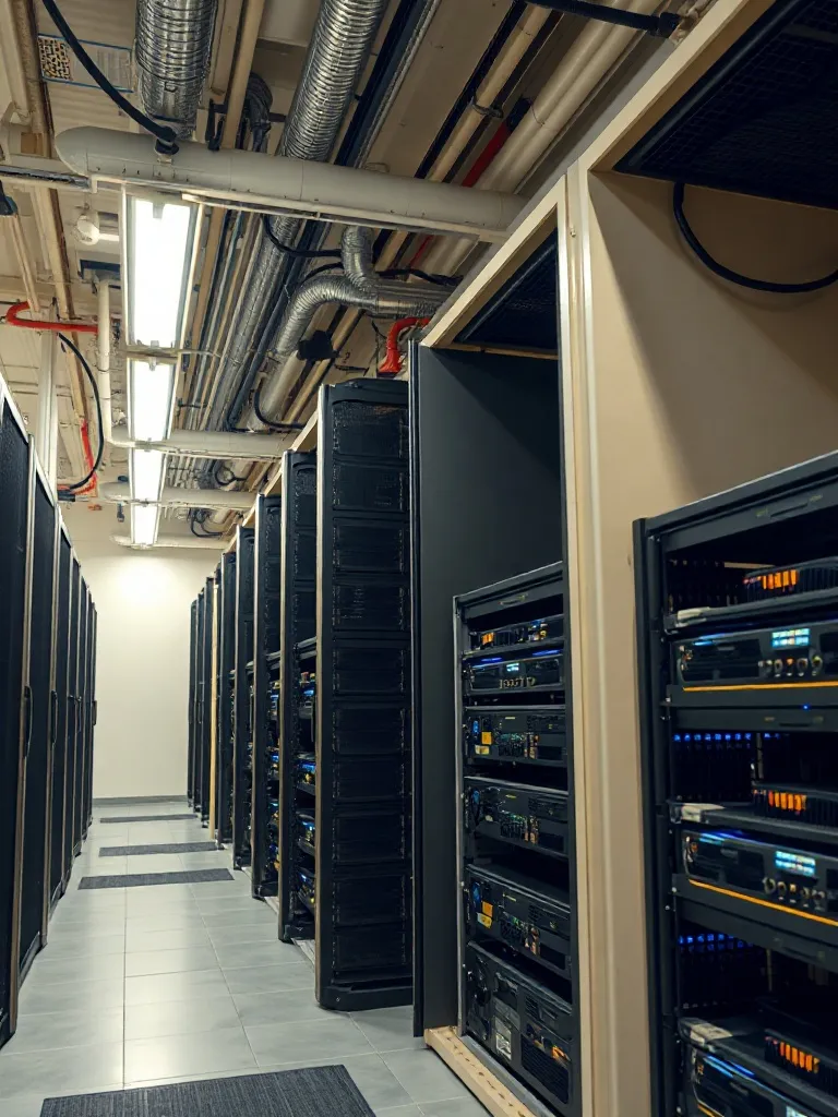 High-tech server room with clean architectural lines, indust