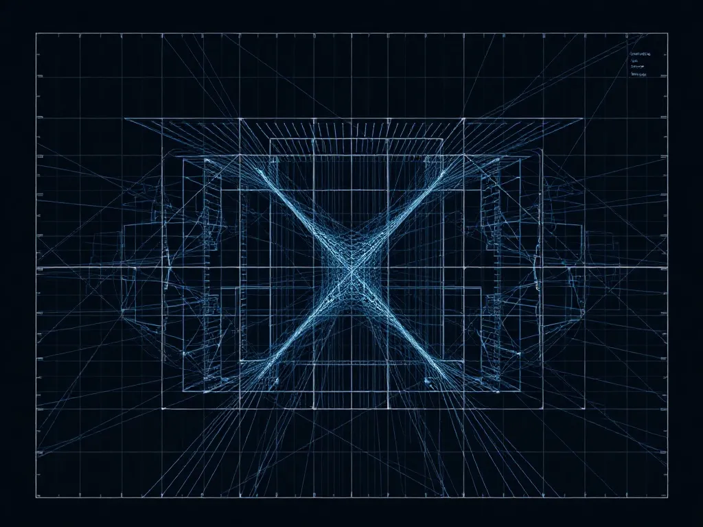 Architectural blueprint of a neural network grid, clean line