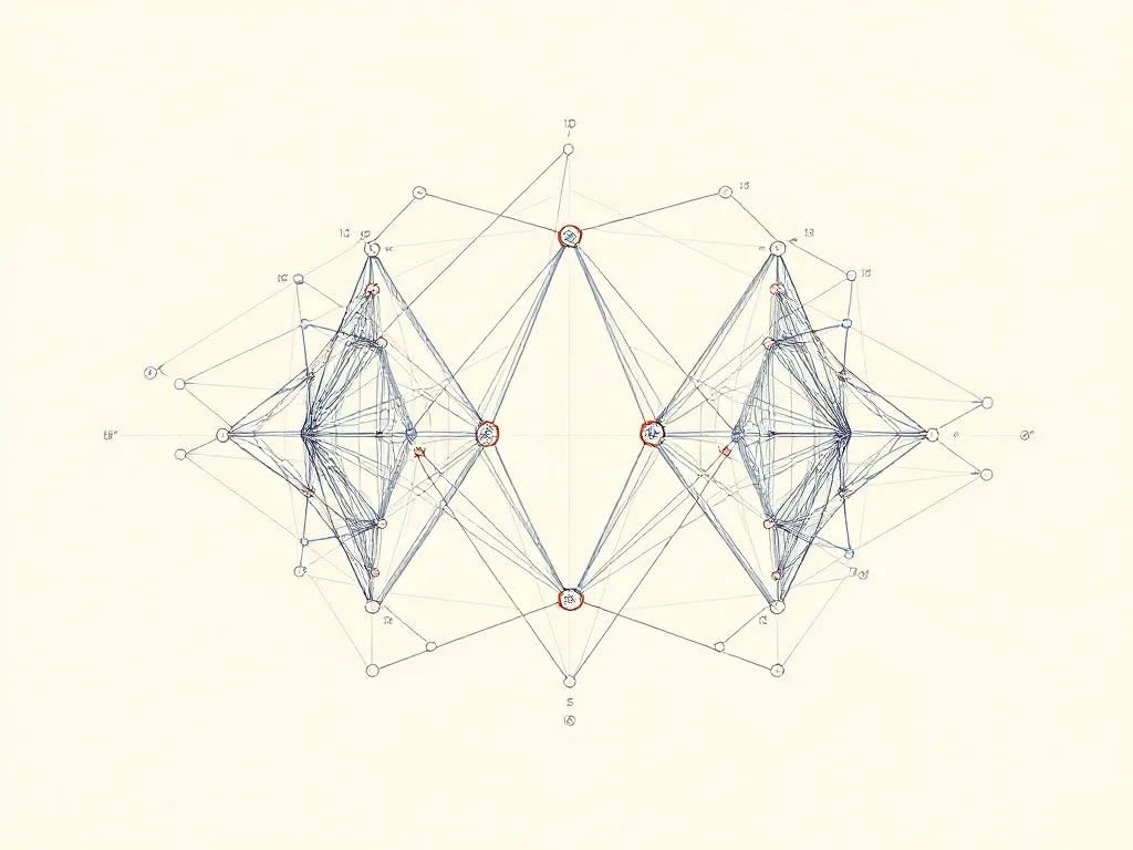 Highly detailed architectural schematic of a neural network,