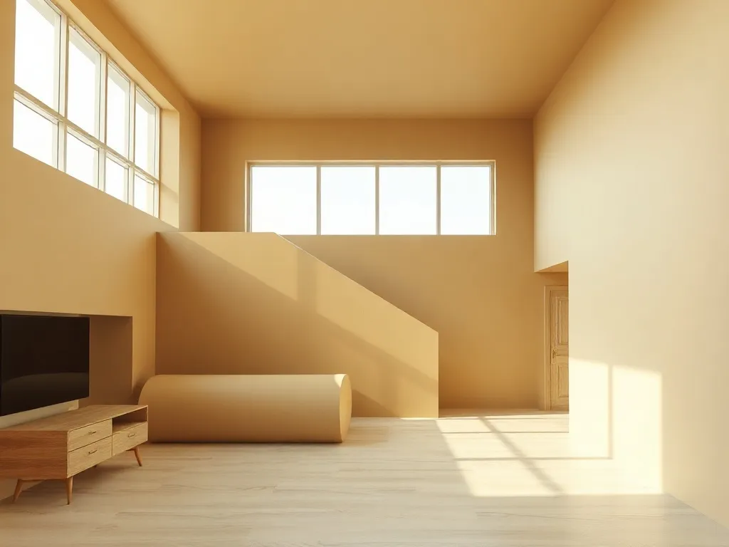 Abstract geometric shapes in 3D space, olive and beige color